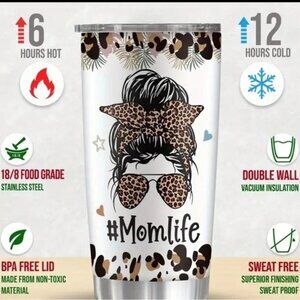 NIB  MOM LIFE LEOPARD 20oz STAINLESS STEEL TUMBLER - HOT AND COLD BEVERAGE